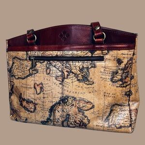 Patricia Nash Poppy Tote European Map Leather Shoulder Bag Purse Zip Top